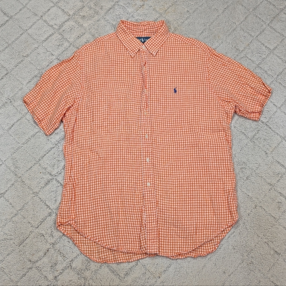 Ralph Lauren Shirt Mens XL Orange White Check Linen Button Up Short Sleeve - Picture 1 of 7